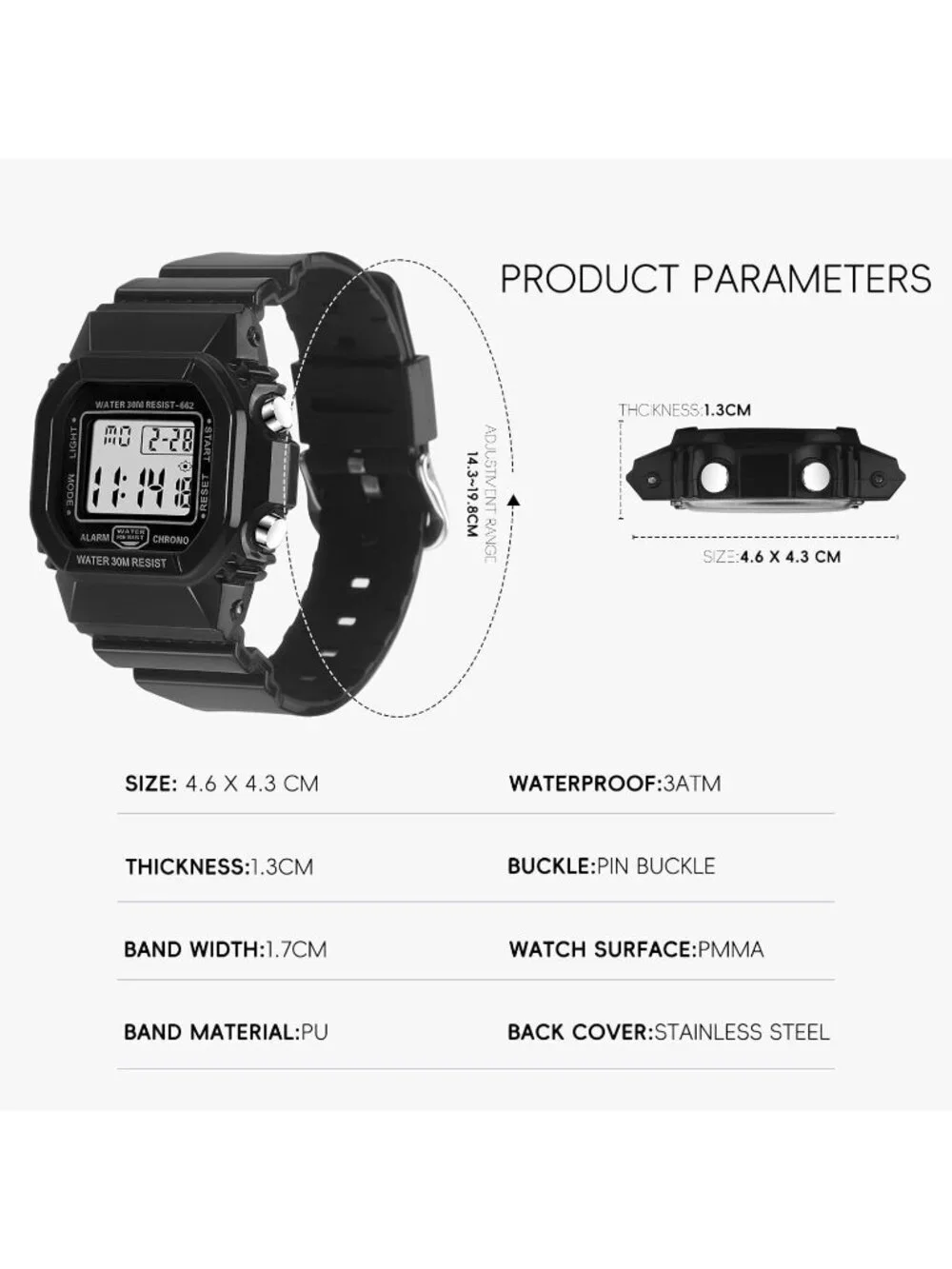 Women's Black Digital Resistant Outdoor Luminous Waterproof Electronic Watch